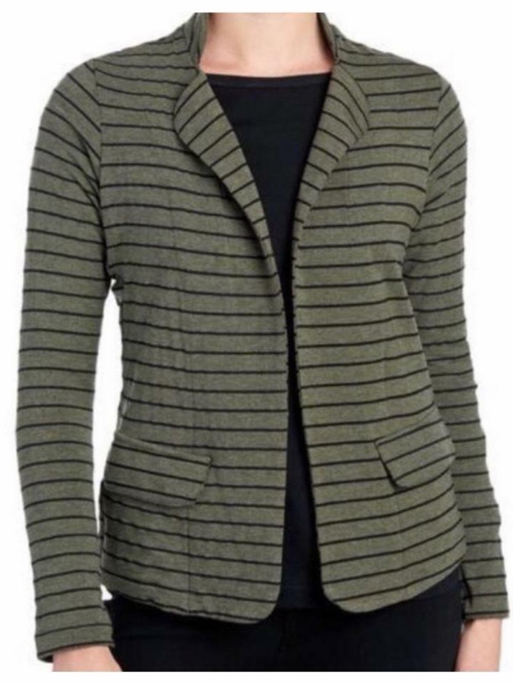 Chico's Green and Black Striped Open-Front Blazer
